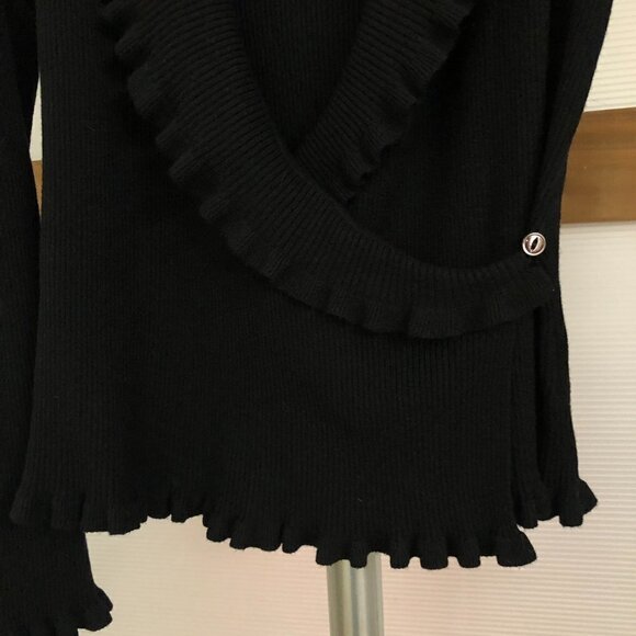 JONES‎ NEW YORK Black Faux Wrap V-Neck Ruffle Ribbed Knit Sweater Sz S - Picture 4 of 8